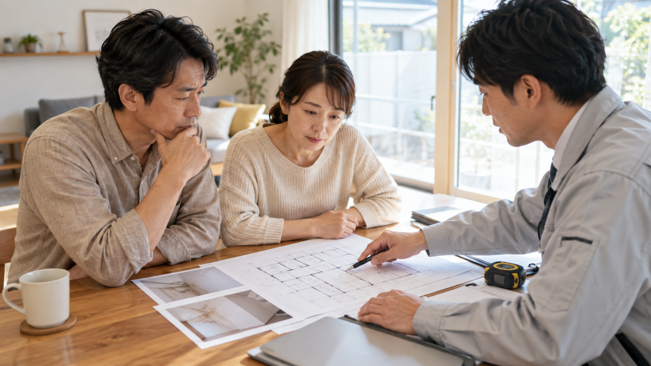 間取り図と写真で補修範囲を相談する夫婦と担当者