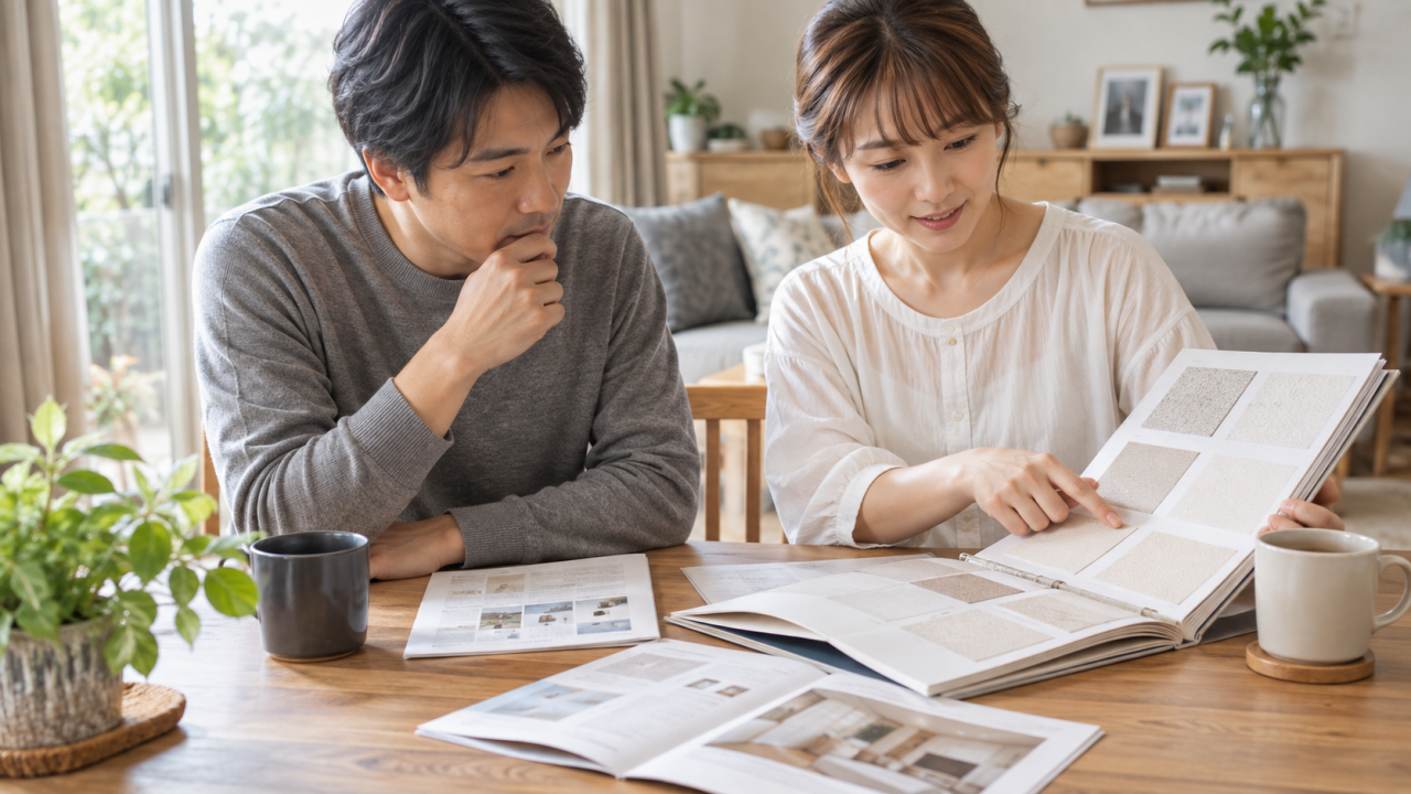 壁紙のサンプルと手入れの資料を確認する夫婦