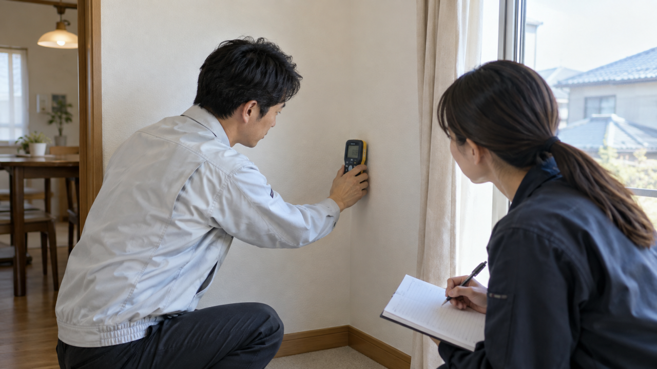日本の住宅で担当者が壁に非破壊水分計を当て、同僚が測定位置をノートへ記録