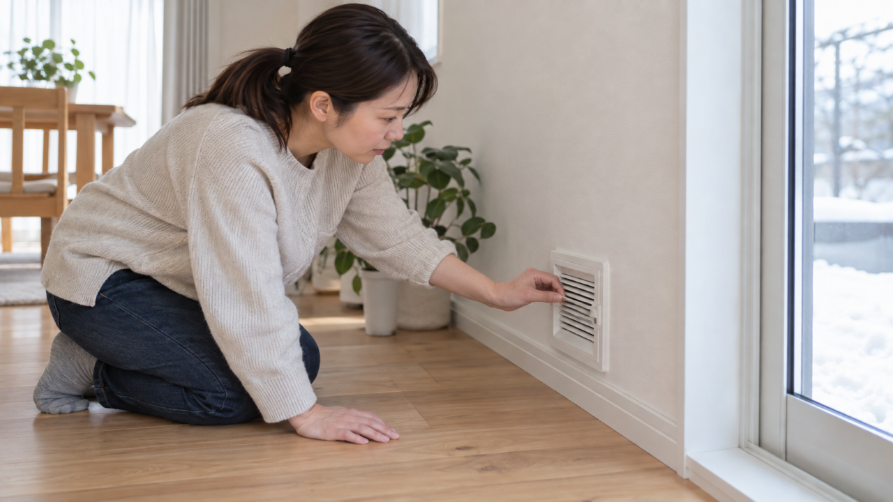 日本の室内で成人女性が壁の低い給気口を目視点検する、家具で塞がれていない