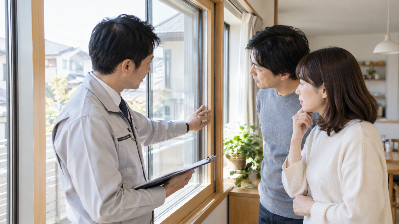 日本の住宅の窓辺、住宅改修担当者と夫婦が内窓の枠を見て相談する