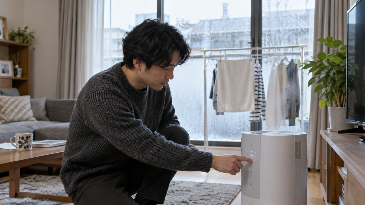 日本の居間で成人男性が加湿器の操作パネルを確認する、窓と室内物干しが背景