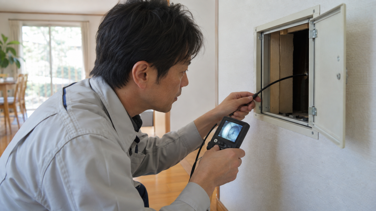 日本の住宅の壁の既存点検口から細い検査カメラで確認する成人の住宅調査担当者