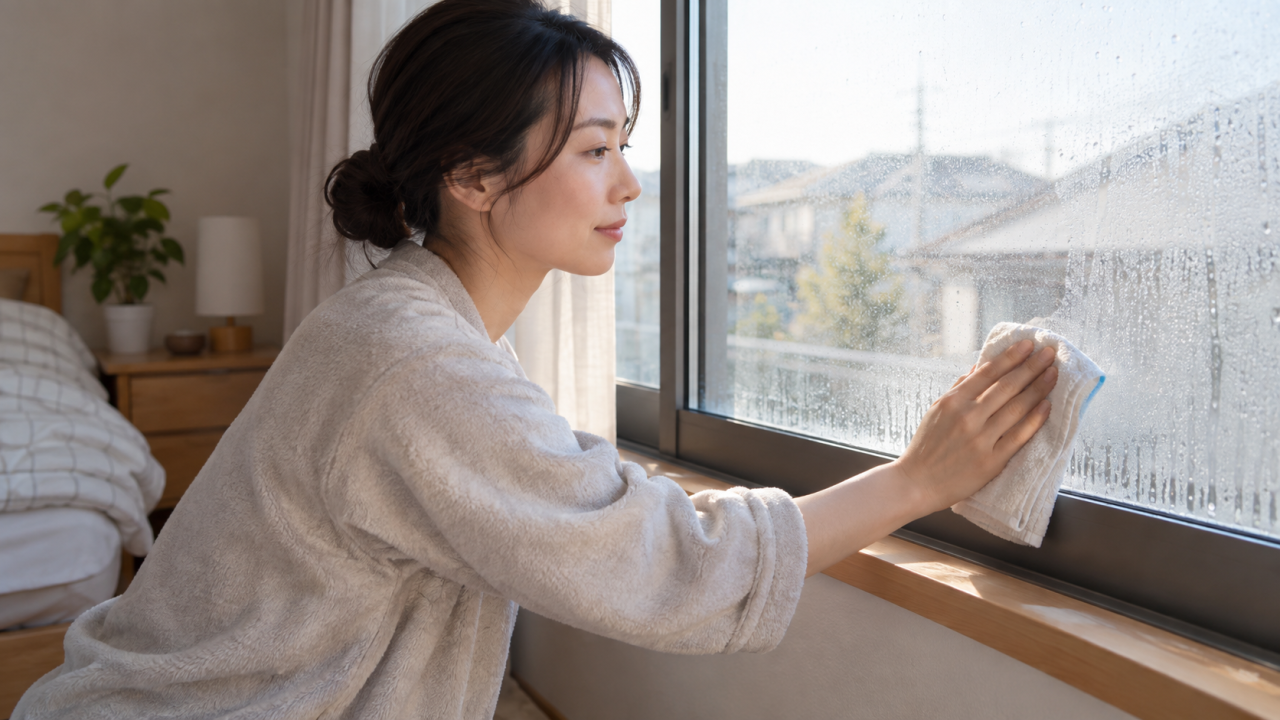 朝の日本の寝室、成人女性が柔らかな布で窓ガラス下部の結露の水滴を拭き取る