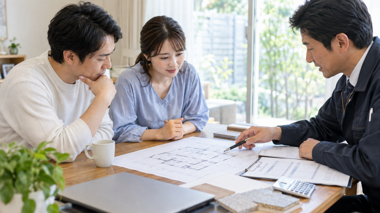 日本の住宅、机上の間取り図と見積書を相談する夫婦と住宅担当者、自然な手指