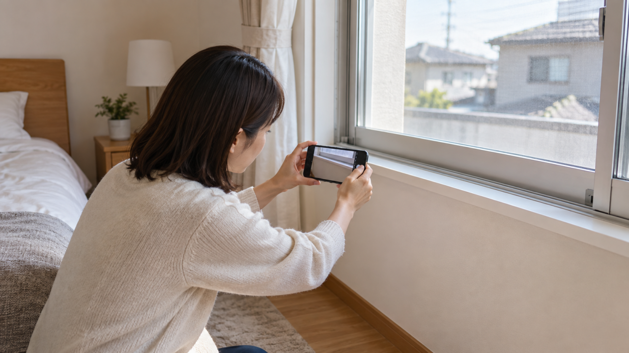 日本の寝室、成人女性が改修後の窓の下部の乾いた状態をスマートフォンで記録する