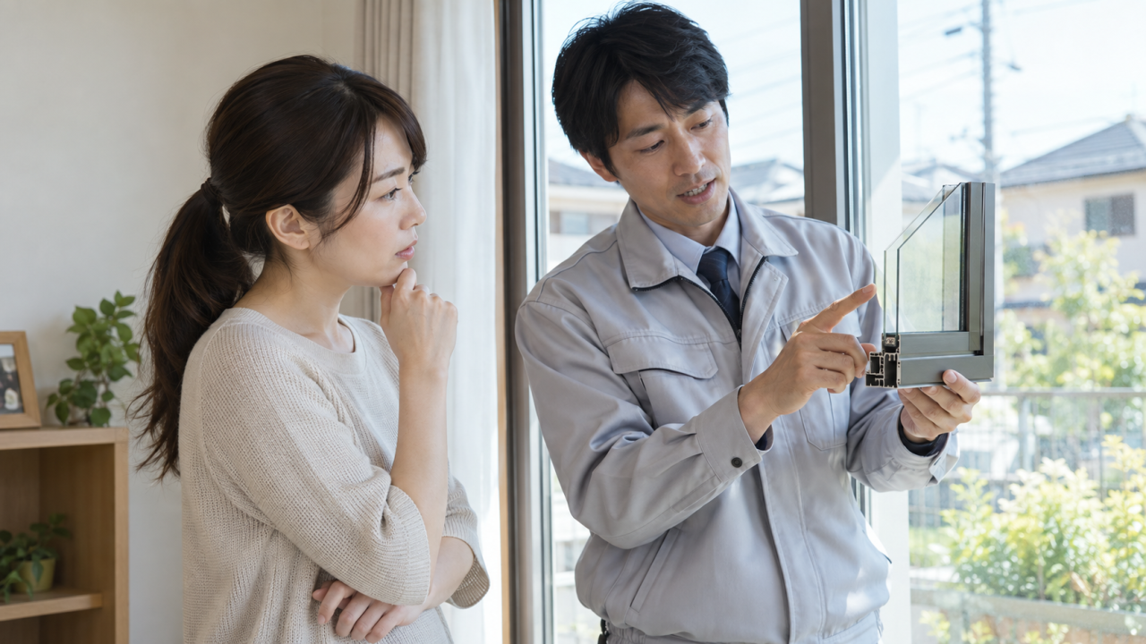 日本の住宅の窓辺、成人女性が窓のサンプルを持つ住宅担当者に質問している