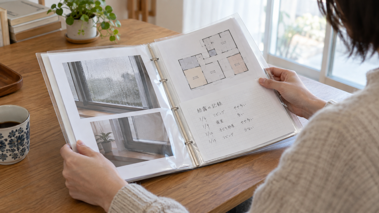 住宅の机上、窓の写真と間取り図と記録ノートを一つのファイルにまとめる手元