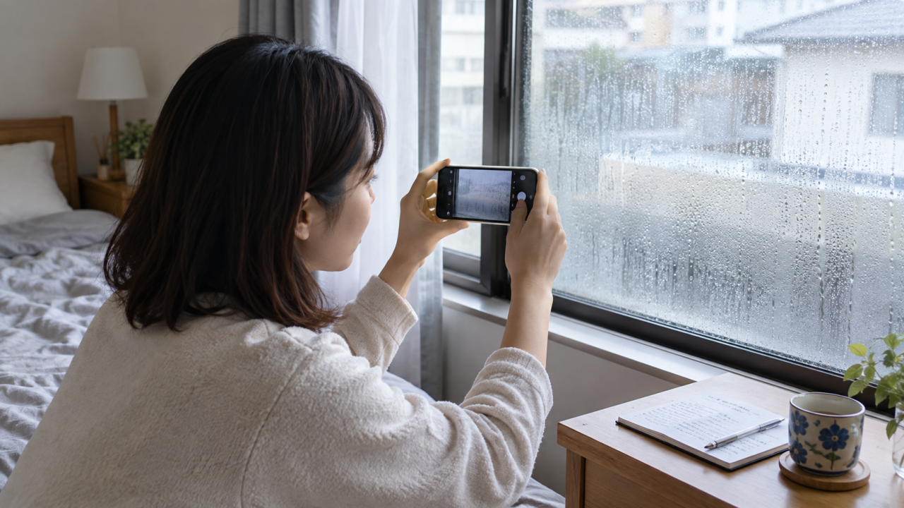 成人女性が窓の結露をスマートフォンで撮影し、横に記録ノートを置いている日本の寝室