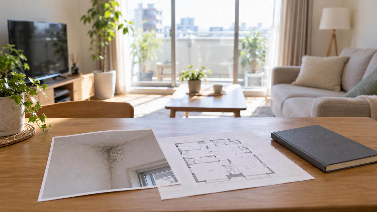マンションの室内で机に並べた壁の変色の写真、間取り図、記録ノート