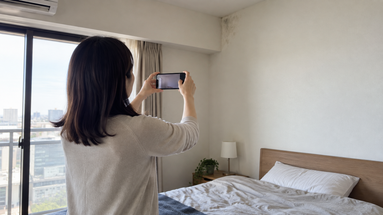 日本のマンションの寝室で成人女性が壁全体をスマートフォンで撮影する、壁の隅に小さな薄い染み