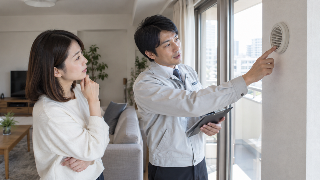 日本のマンションのリビングで窓辺の換気口について質問する成人住民と住宅担当者