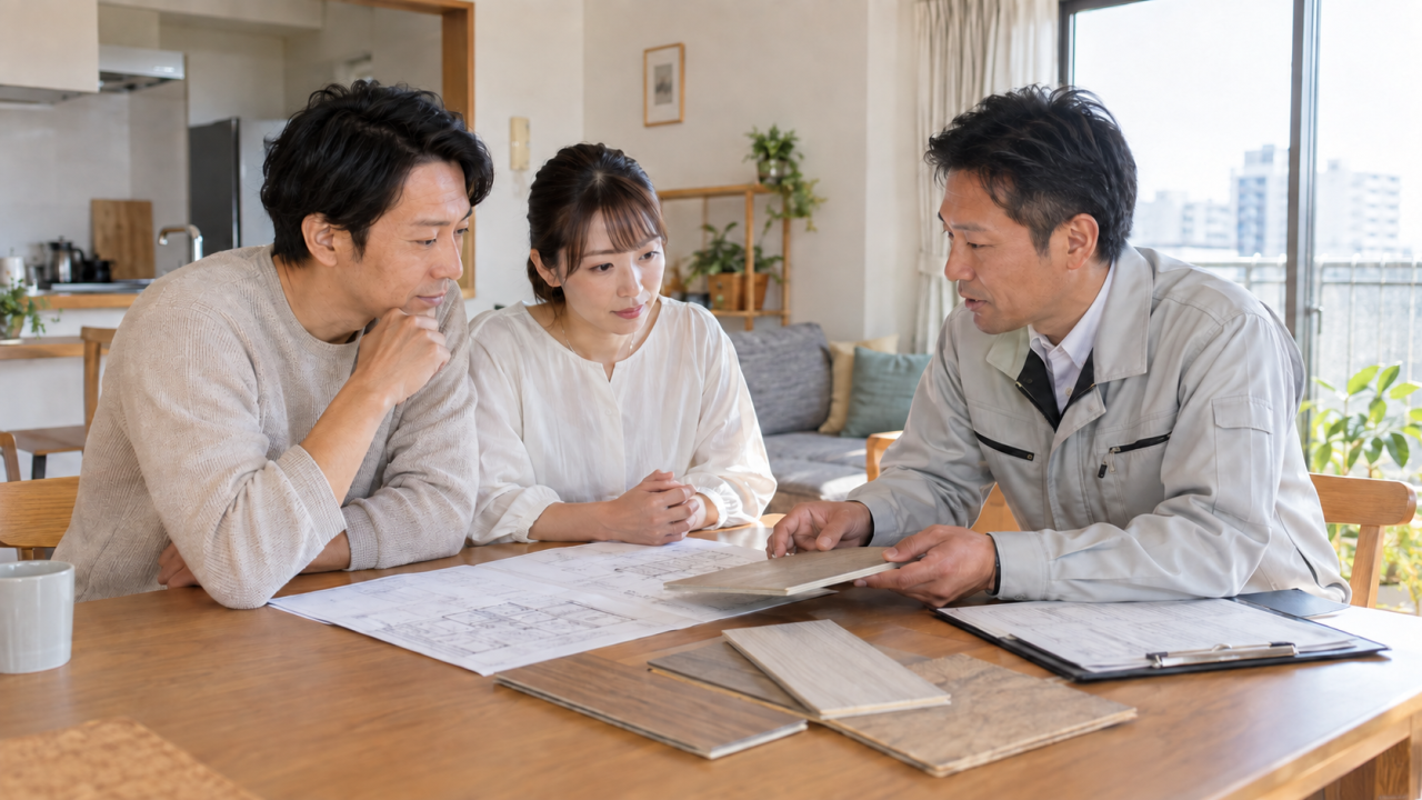 日本の住宅のテーブルで見積書と床材のサンプルを確認する夫婦と工事担当者