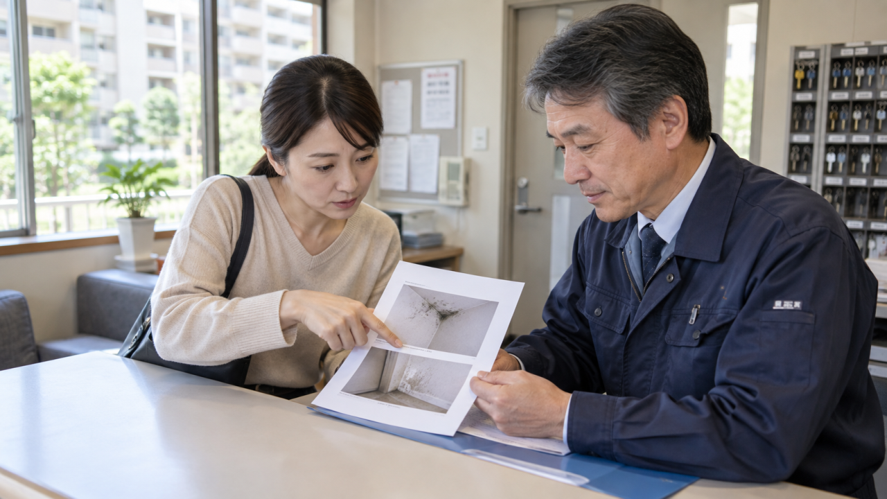 日本のマンションの管理事務所で写真付き報告書を共有する住民と管理担当者