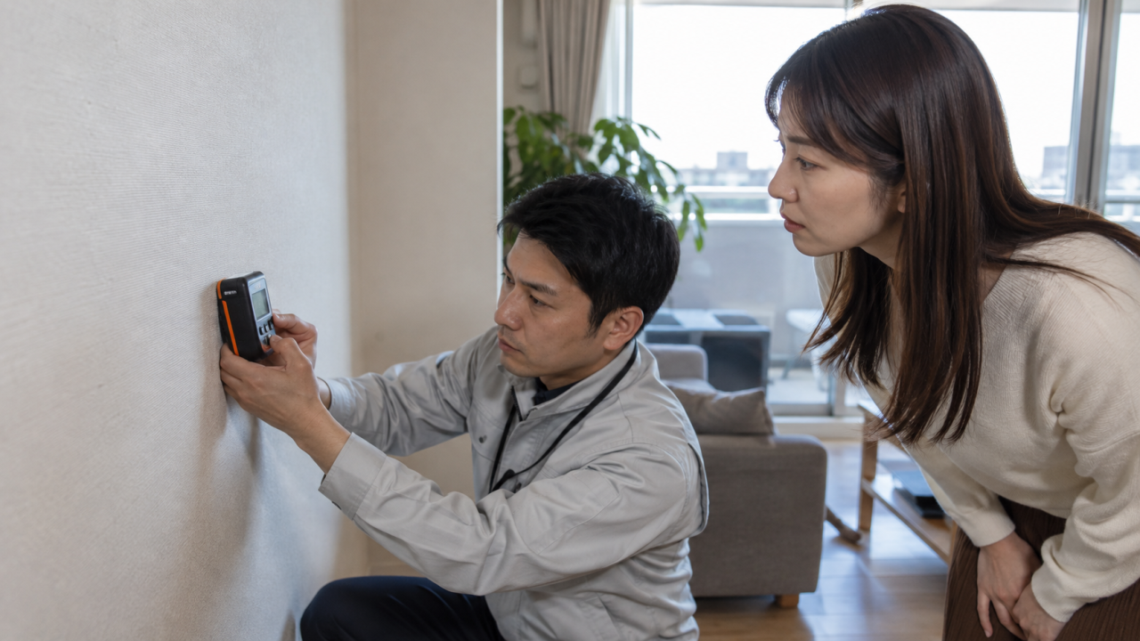 日本のマンションの壁に水分計を当てる調査担当者と横で説明を聞く成人女性