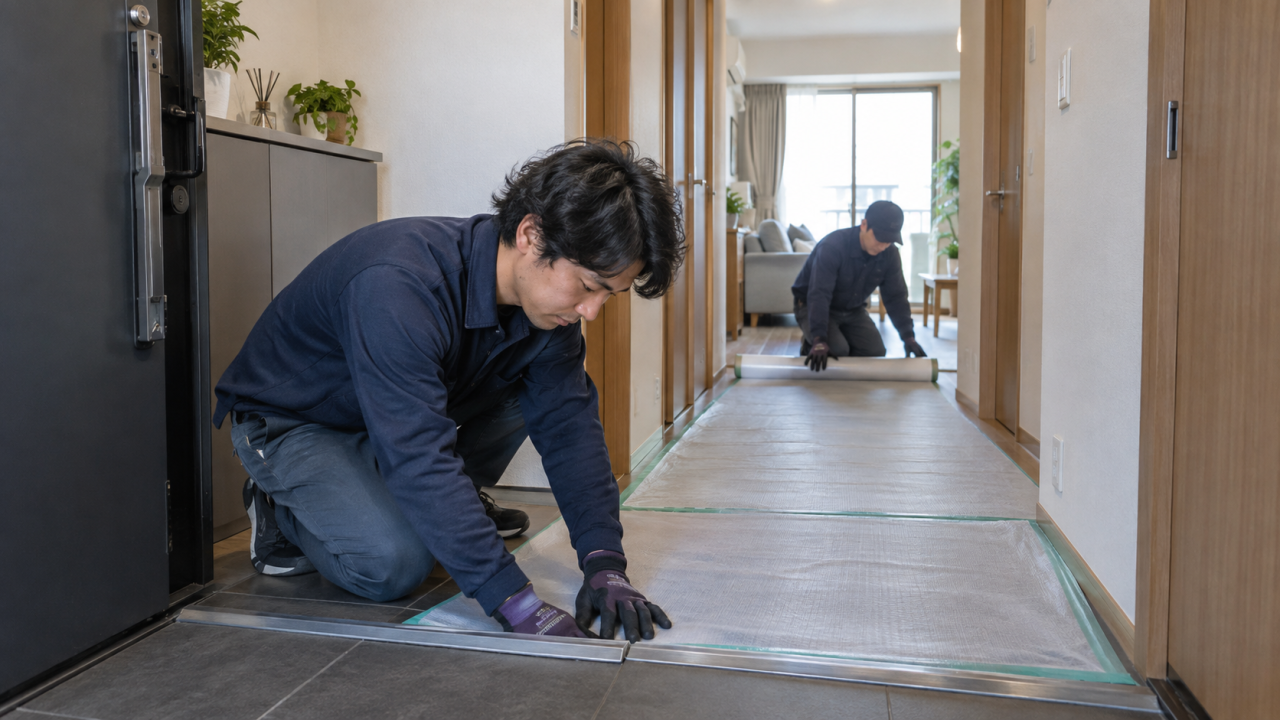 日本のマンションの玄関から居室まで保護マットで床を養生する二人の作業担当者