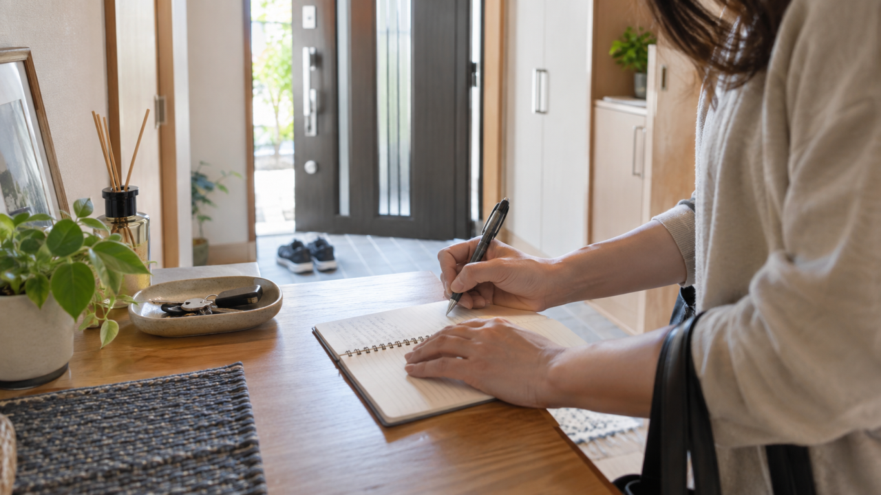 日本の住宅の玄関近くの机で、成人が帰宅時の部屋の状態をノートへ記録する手元