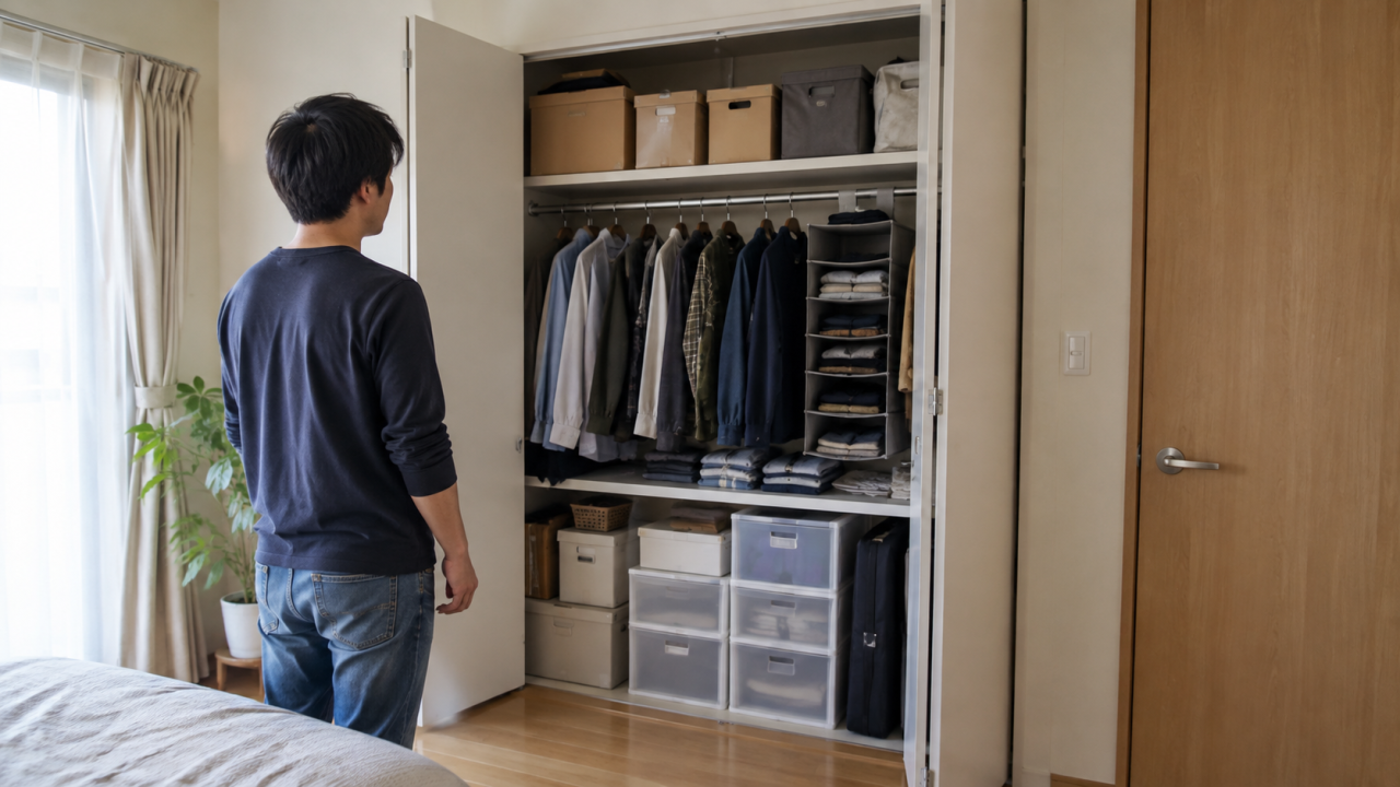 日本の住宅の収納棚にある衣類と段ボール、扉を開けて離れた位置から確認する普段着の成人男性