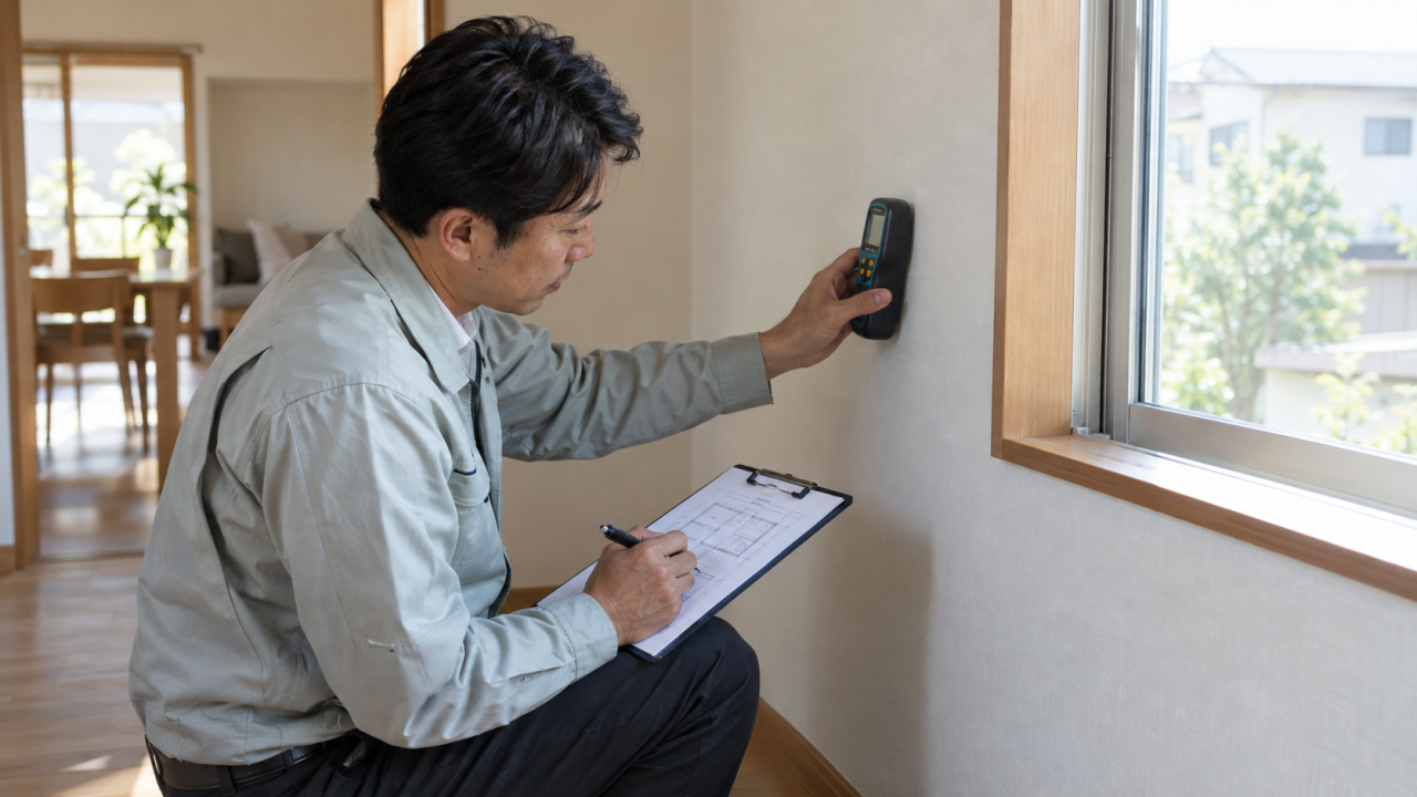 日本の住宅で壁の水分測定位置を図面に記録する成人の建物調査担当者