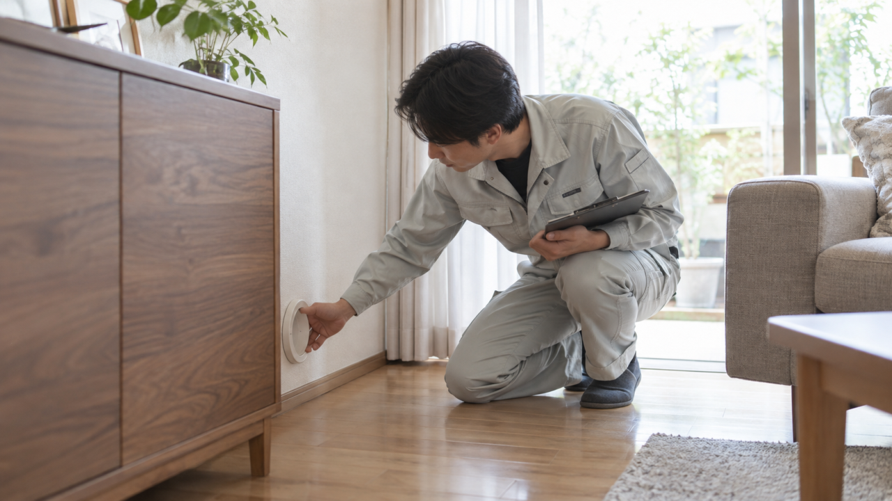 日本のリビングで給気口と家具の隙間を確認する作業着の成人担当者