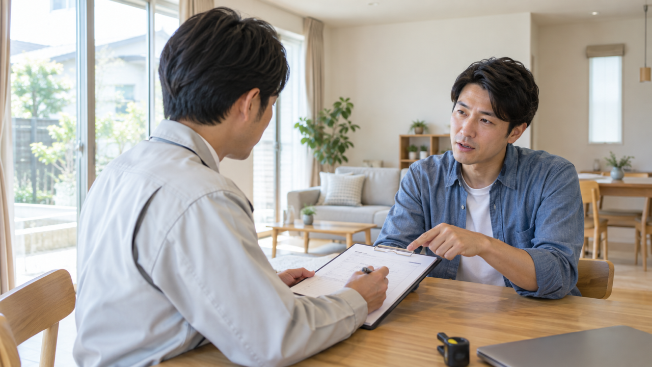 日本の住宅の明るいリビングで成人男性が調査担当者に記録ノートを示して質問する