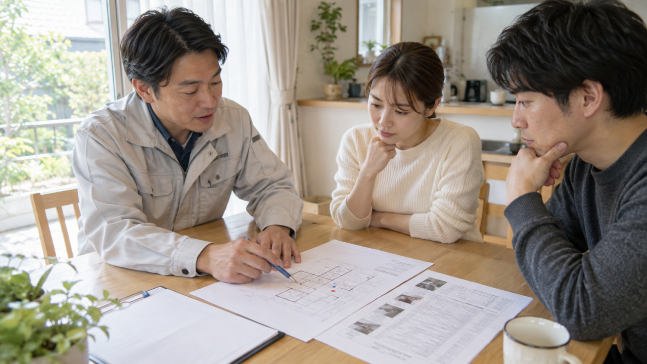 日本の住宅のテーブルで採取位置を記した図面と検査報告書の形式を説明する作業着の成人担当者、同席者は普段着