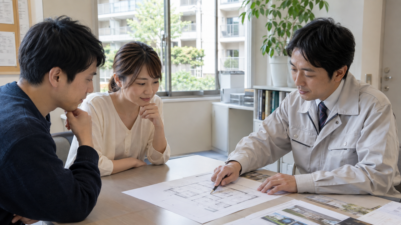 日本のマンションの管理事務所で住民と管理担当者が部屋の間取り図を見て相談する