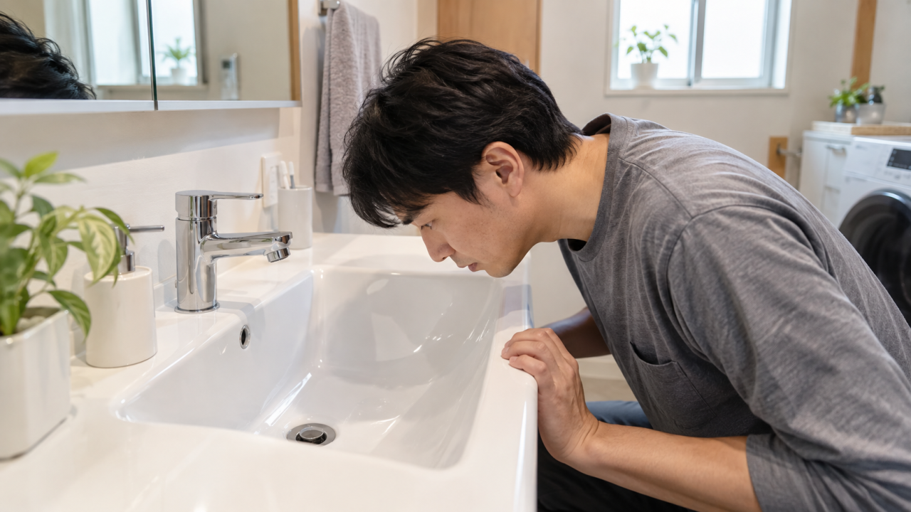 日本の洗面室で成人男性が洗面台の排水口を目視確認する、分解作業なし、薬剤なし
