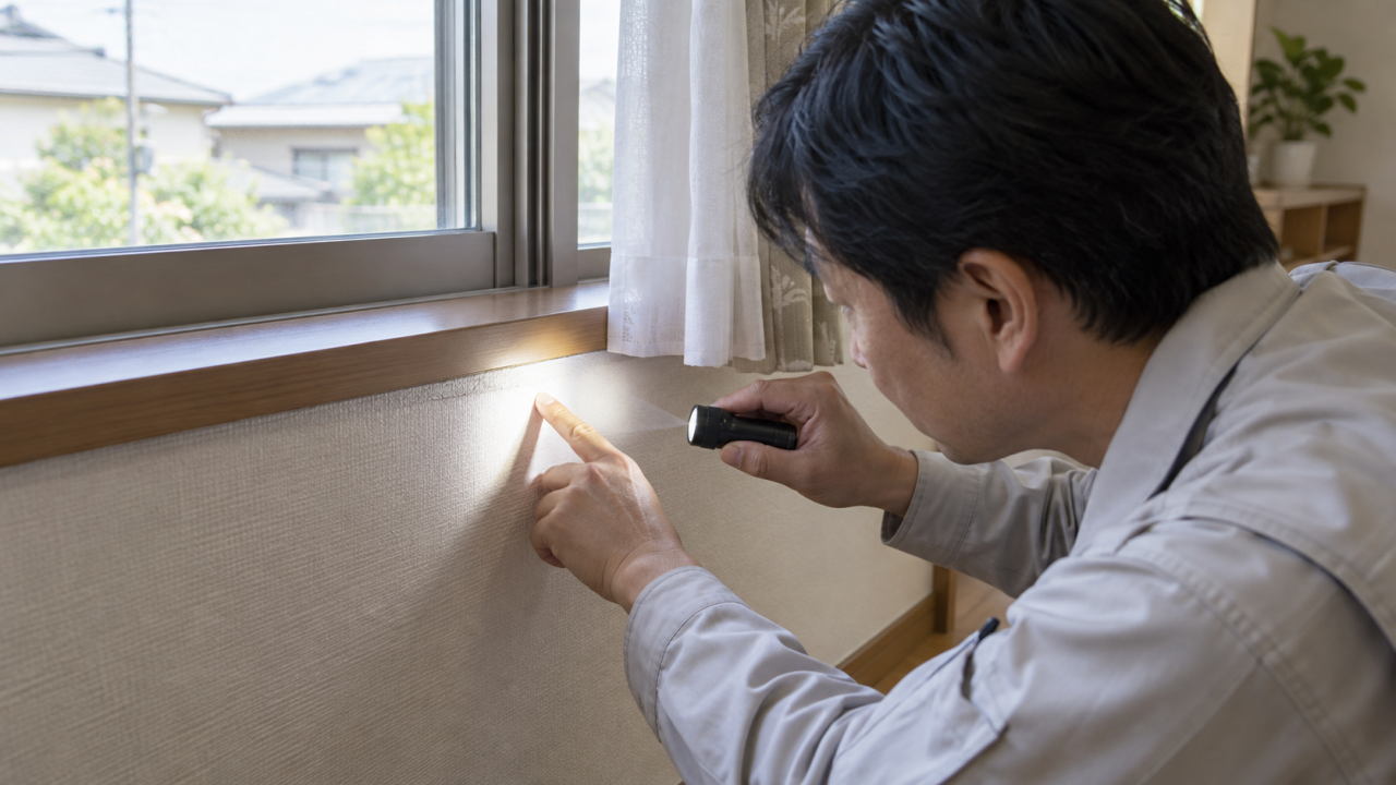 日本の住宅の窓台と壁紙の継ぎ目をライトで目視確認する成人の点検担当者