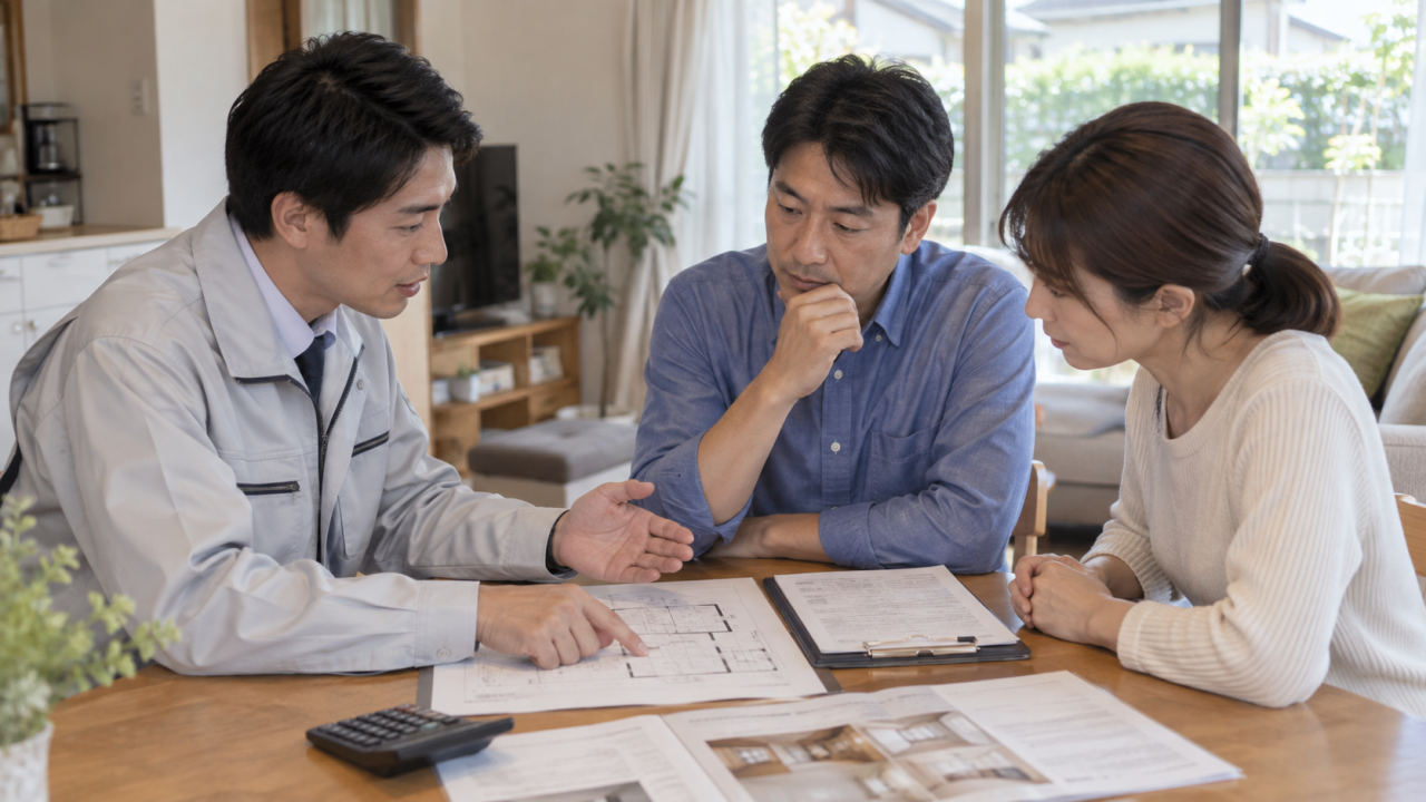 日本の住宅のテーブルで調査担当者と夫婦が点検範囲と見積書を相談する