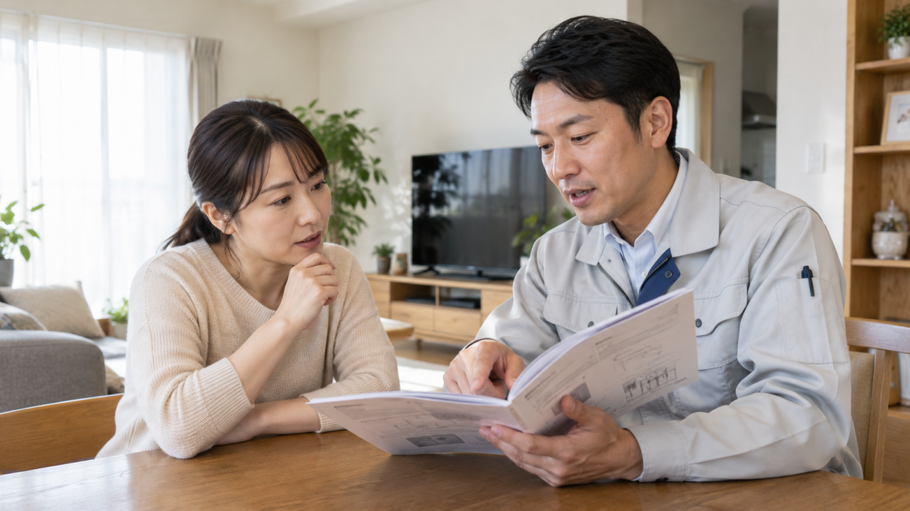 日本の住宅のリビングで住民が設備担当者に質問し、説明書を一緒に見ている