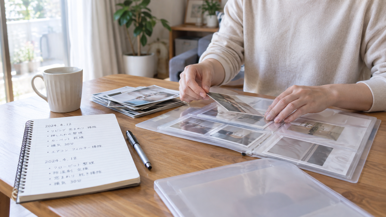 日本の住宅の机上で写真と日付入りの記録ノートをクリアファイルへ整理する手元