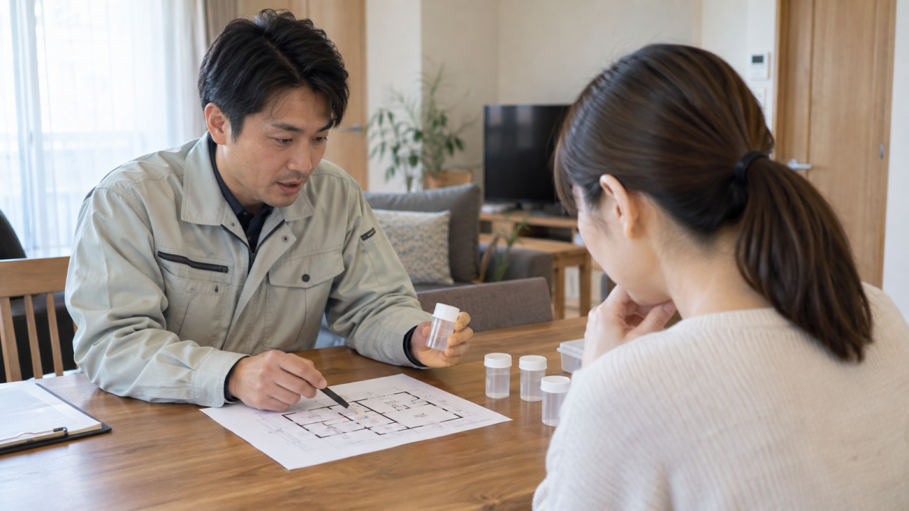 日本の住宅の机で検査担当者が採取位置を書いた簡単な間取り図と未使用の検査容器を住民に説明する