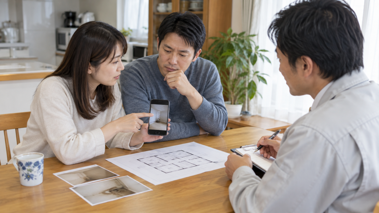 日本の住宅のダイニングで成人の住民が部屋の間取りと気になる場所の写真を相談担当者へ見せる