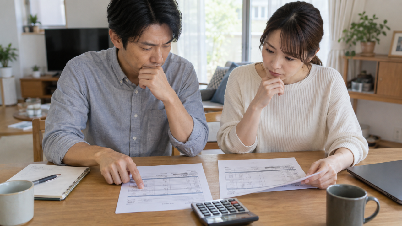 日本の住宅の机上で夫婦が二種類の見積書と電卓を並べ項目を比較する