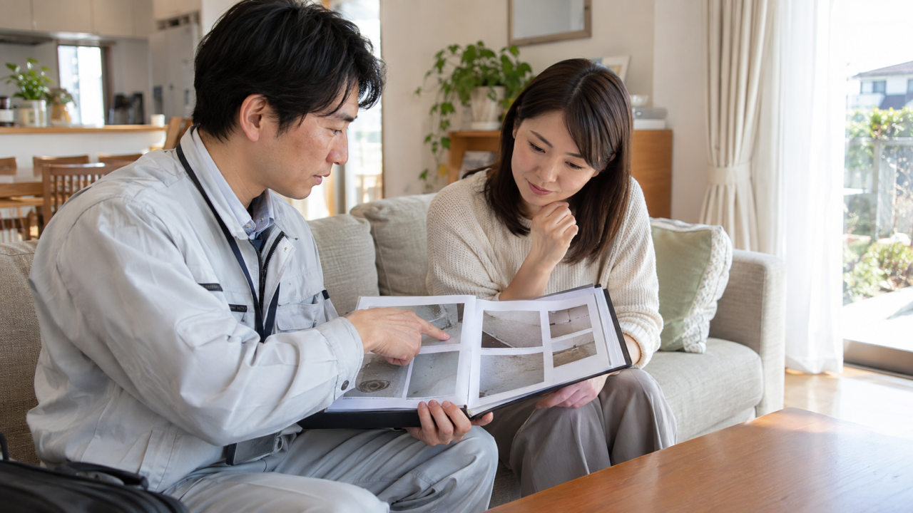 日本の住宅のリビングで点検担当者が写真付きの完了報告書を住民と確認する