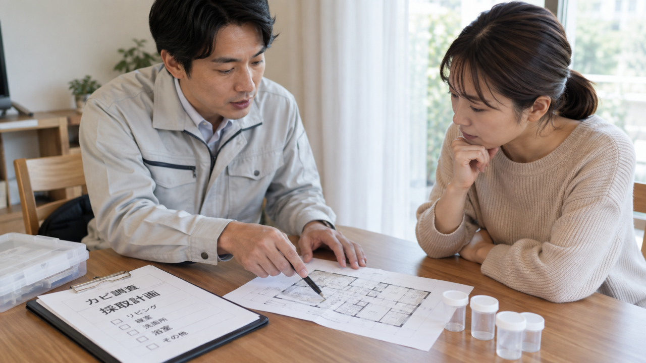 日本の住宅の机で点検担当者と住民が採取場所の計画図を相談し、小さな未使用の検査容器が置かれている