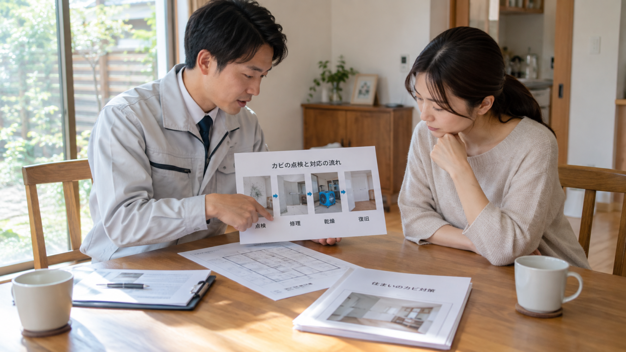 日本の住宅のダイニングで建物の担当者と住民が修理・乾燥・復旧の工程資料を確認する