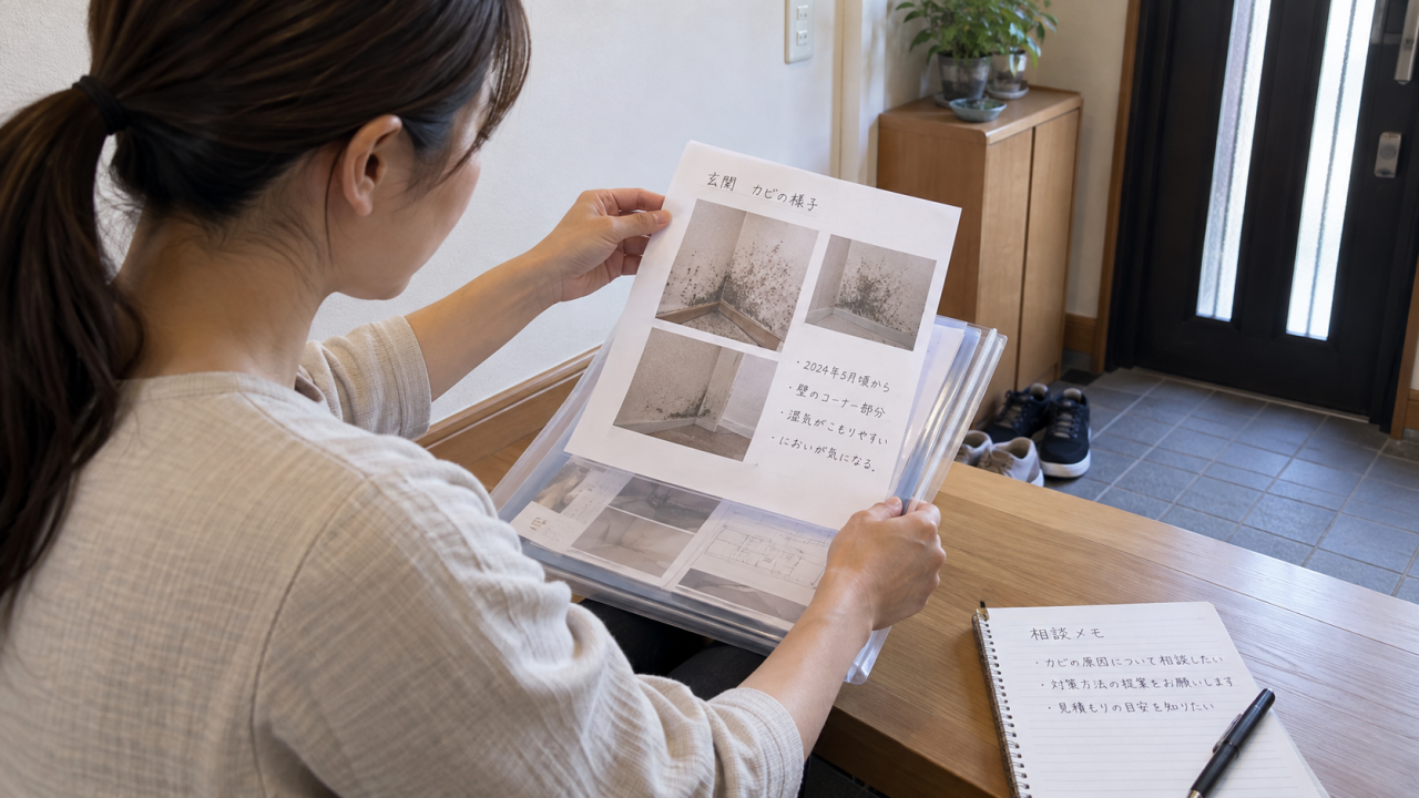 日本の住宅の玄関近くで住民が写真付きの相談メモをクリアファイルへまとめる