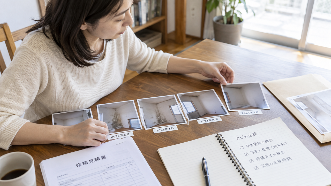日本の住宅の机上で成人女性が修繕の書類と部屋の写真を年月順に並べる