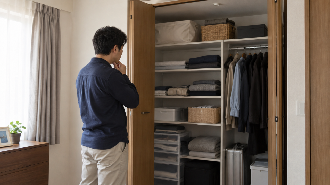日本の住宅の収納の扉を開け、棚と布製品の状態を離れた位置から目視する成人男性
