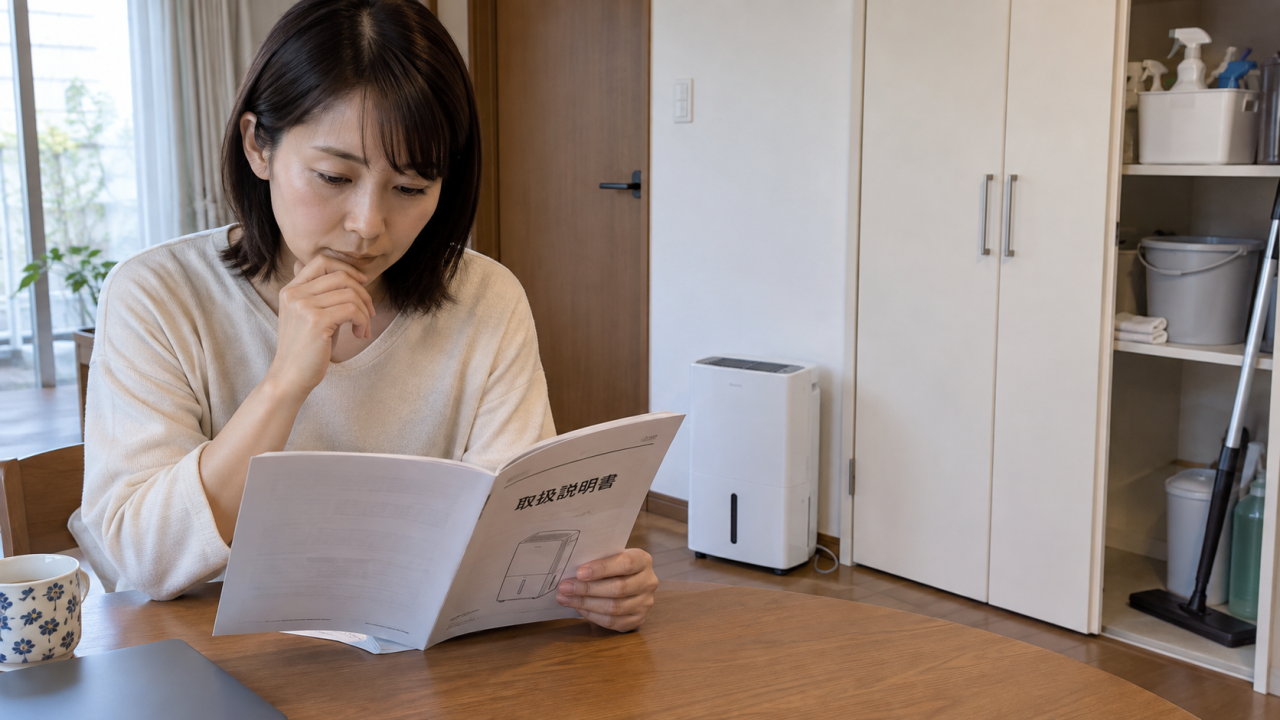 日本の住宅で除湿機と閉じた清掃用品収納、机の上の取扱説明書を確認する住民。清掃薬剤の使用中ではない