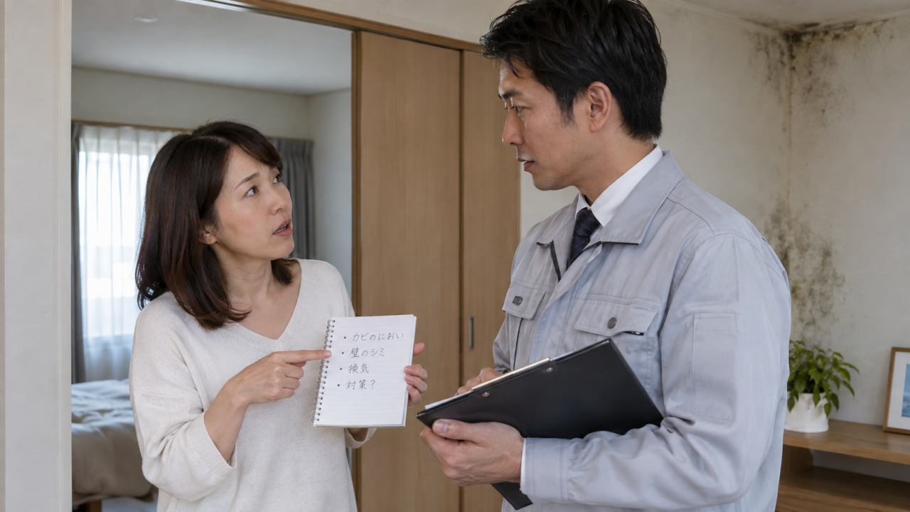 日本の住宅で住民が点検担当者に相談メモを示して質問する