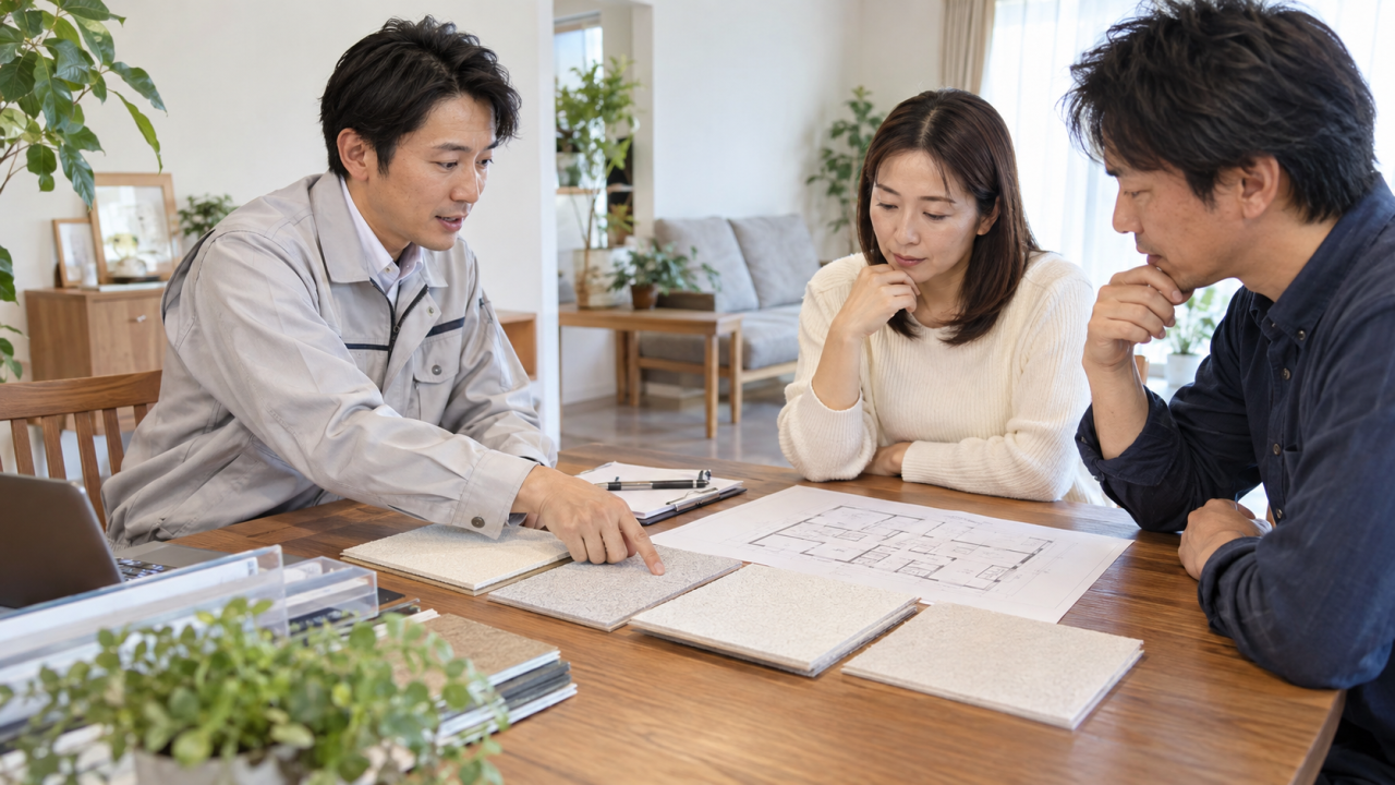 日本の住宅の明るいダイニングで建物の点検担当者と成人の住民が、机の上の壁材サンプルと部屋の図面を見ながら補修範囲を相談する