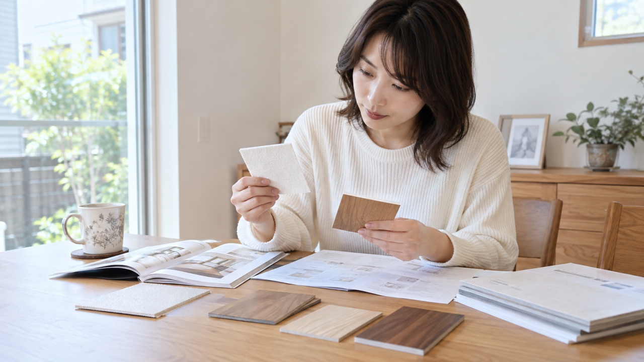明るいダイニングの机で成人女性が木材と壁紙の素材見本と取扱説明書を確認する