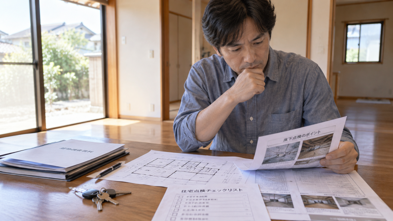 日本の空き家の明るい室内、机に鍵と住宅の図面と点検資料を置き、成人の所有者が確認する