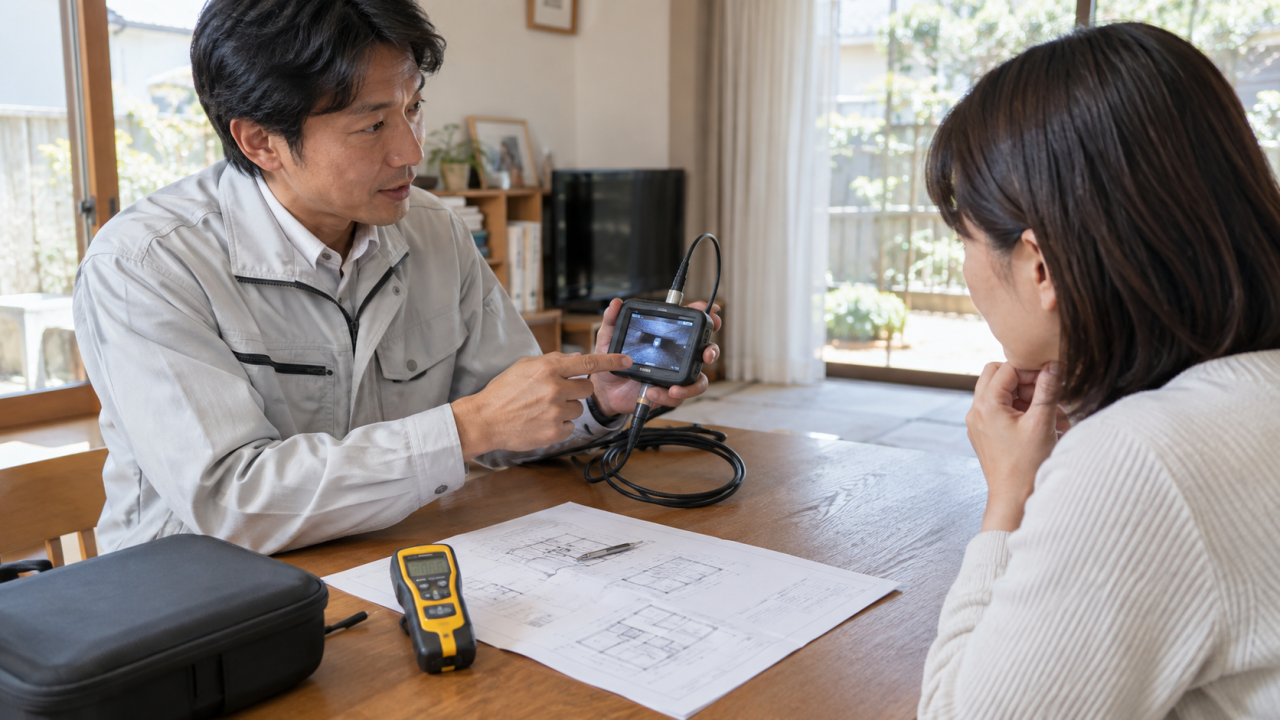 日本の住宅の机に点検用の小型カメラと水分計と図面を並べ、調査担当者が住民に説明する
