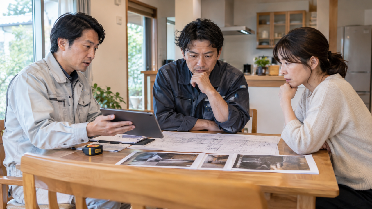 日本の住宅のダイニングで設備担当者と建築担当者と住民が修理と復旧の予定を相談する