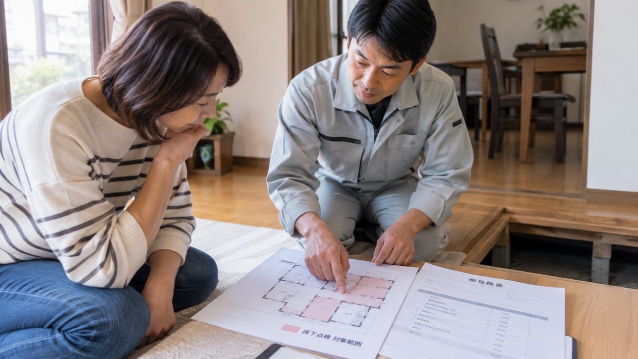 日本の住宅で住民が床下の略図と見積書の対象範囲を担当者と照合する