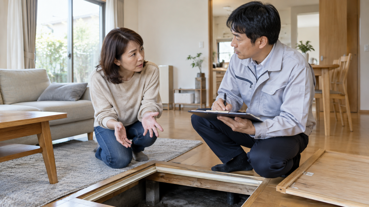 日本の住宅のリビングで所有者が床下点検について質問し、専門担当者がメモを取る